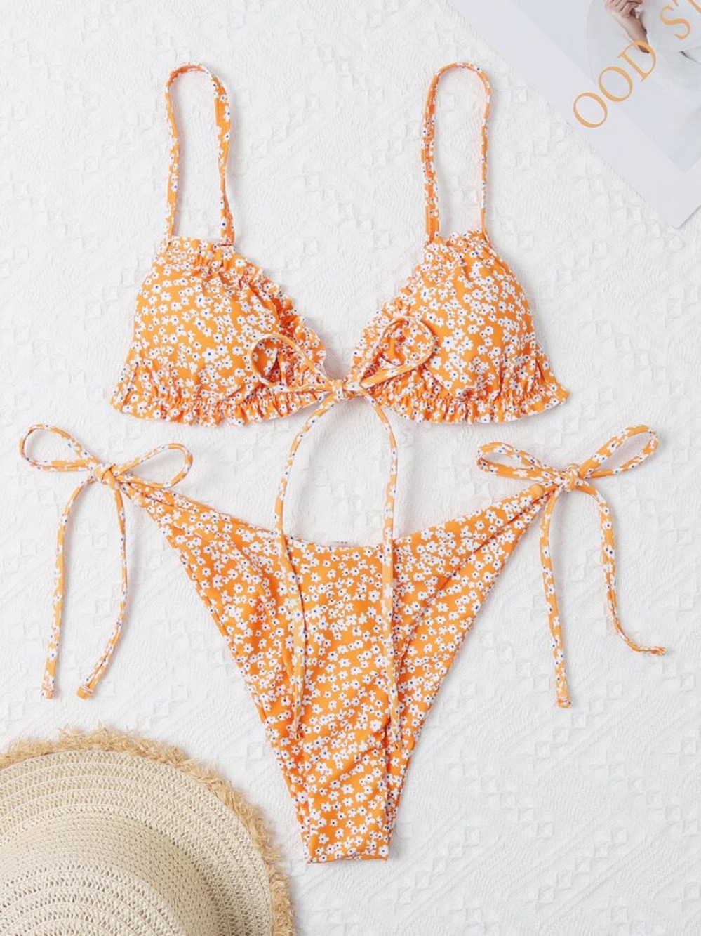 SHEIN Ditsy Floral Frill Trim Tie Side Bikini Set